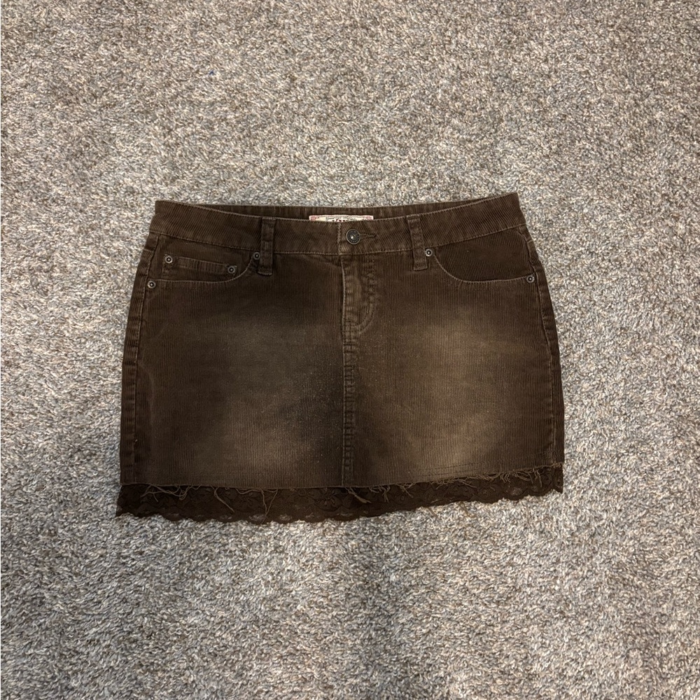 YMI Chocolate Mini Skirt with Lace Hem